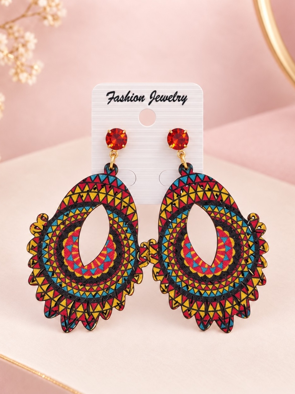 Fashion Jewelry Red, Yellow & Blue Tribal Oval Drop Earrings
